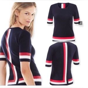 CAbi navy summer weight sweater with pink and white.